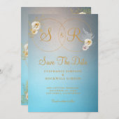 Turquoise Gold Monogram Name Initial Wedding Save The Date (Vorne/Hinten)
