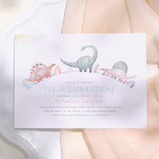 Turquoise & Gold Niedlich Girl Dinosaurier Geburts Einladung