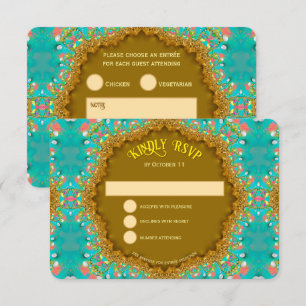 Turquoise Gold Satin Lace RSVP Karte