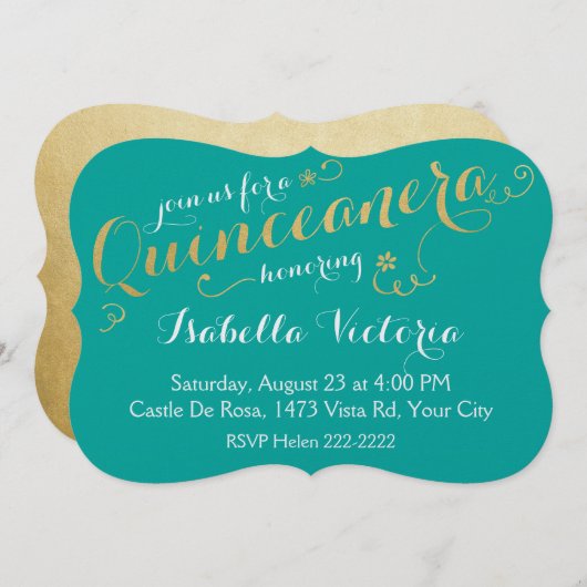 Turquoise & Gold Script Quinceanera Einladung (Vorne/Hinten)