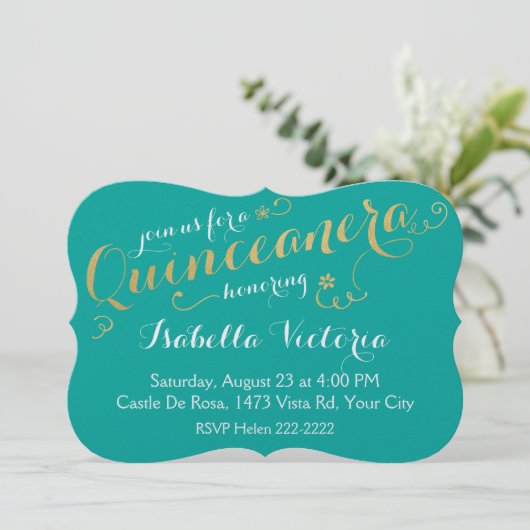 Turquoise & Gold Script Quinceanera Einladung (Stehend Vorderseite)