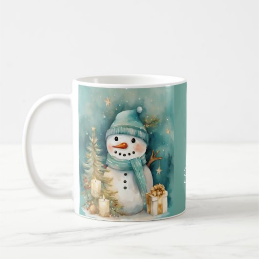 Turquoise & Gold Snowman with Christmas Tree Kaffeetasse (Links)