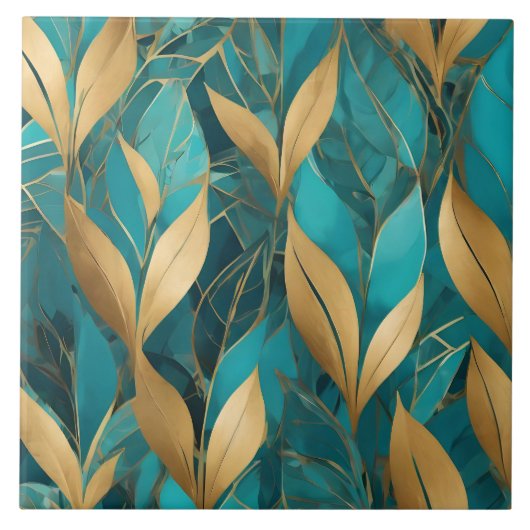 Turquoise Gold Trendy Boho Blätter Collection Fliese (Vorderseite)