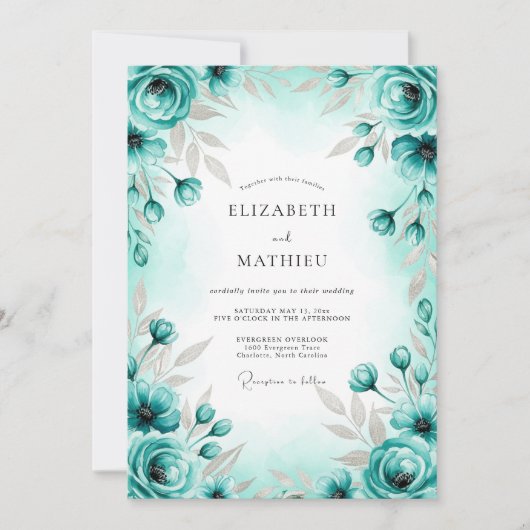 Turquoise Graceful Spring Wedding Einladung (Vorderseite)