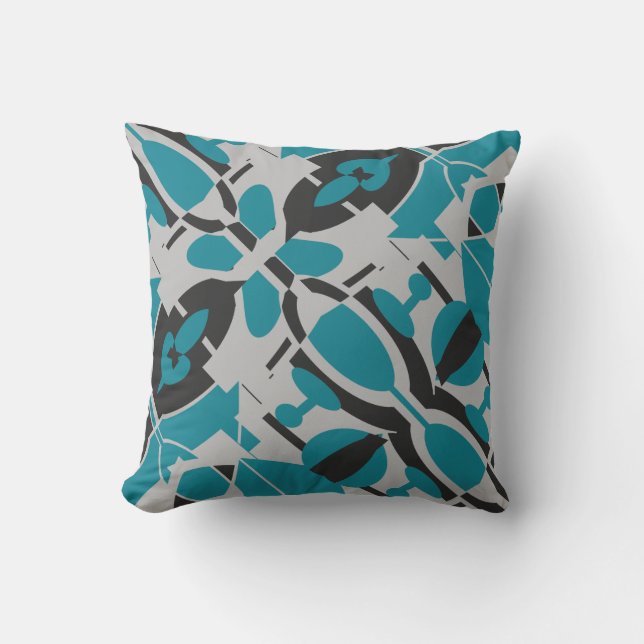 Turquoise Gray Black Mediterranean Slanted Mosaic Kissen (Vorderseite)
