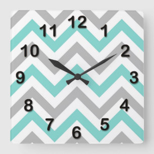 Turquoise, Gray, Wht Large Chevron ZigZag Pattern Quadratische Wanduhr