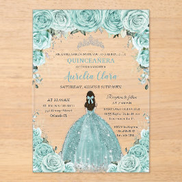 Turquoise Green Floral Princess Silver Quinceañera Acryleinladungen