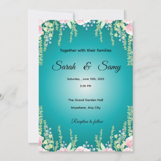 Turquoise Green Floral Wedding Invitation | Elegan Einladung (Vorderseite)