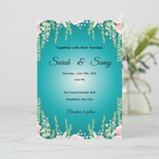 Turquoise Green Floral Wedding Invitation | Elegan Einladung (Stehend Vorderseite)