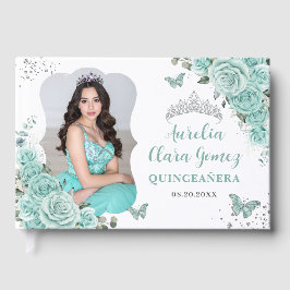 Turquoise Green Roses Floral QUINCEAÑERA 16 Photo Gästebuch