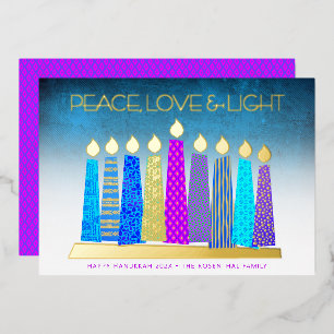 Turquoise Hanukkah Candles Peace Liebe Real Gold Folien Feiertagskarte