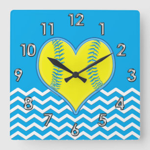 Turquoise Heart Shape Softball Clock or YOUR COLOR Quadratische Wanduhr
