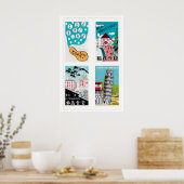 Turquoise Japanese Matchbox Labels Grid Print Poster (Küche)