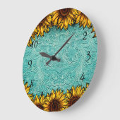 Turquoise Leather Tooled Bright Sunny Sunflowers Große Wanduhr (Winkel)