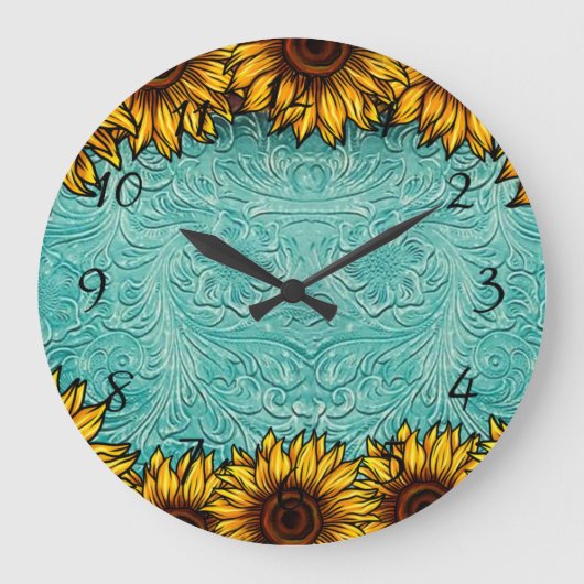 Turquoise Leather Tooled Bright Sunny Sunflowers Große Wanduhr (Vorderseite)