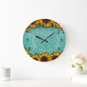 Turquoise Leather Tooled Bright Sunny Sunflowers Große Wanduhr (Zuhause)