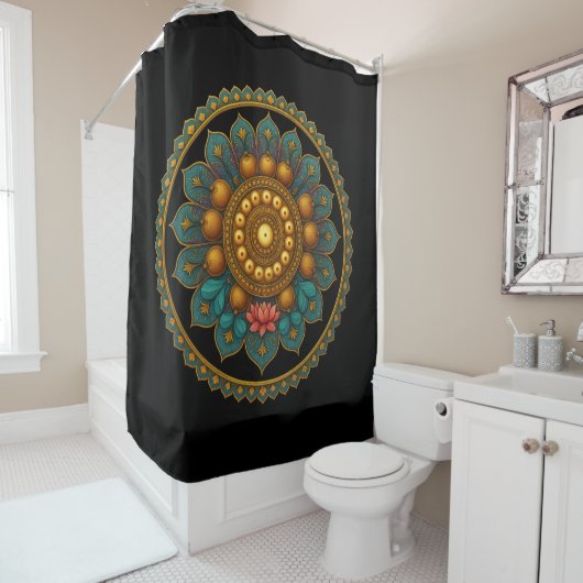 Turquoise Lotus Mandala - Black Boho Graphic Art Duschvorhang (Beispiel)