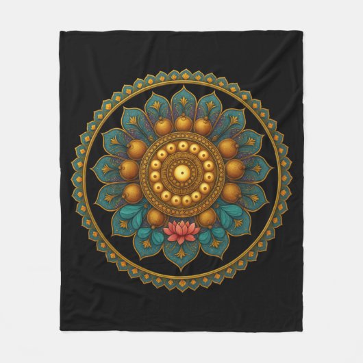Turquoise Lotus Mandala - Black Boho Graphic Art Fleecedecke (Vorderseite)