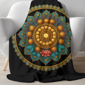 Turquoise Lotus Mandala - Black Boho Graphic Art Fleecedecke