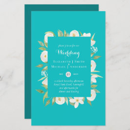 Turquoise Magnolia Floral Budget Hochzeit Einladun