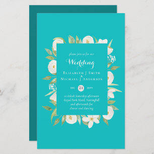 Turquoise Magnolia Floral Budget Hochzeit Einladun