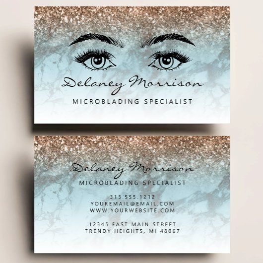 Turquoise Marble Bronze Glitter Eyes Microblading Visitenkarte