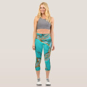 Turquoise Marble with Golden Veins Capri Leggings (Vorderseite)