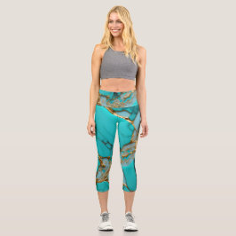 Turquoise Marble with Golden Veins Capri Leggings