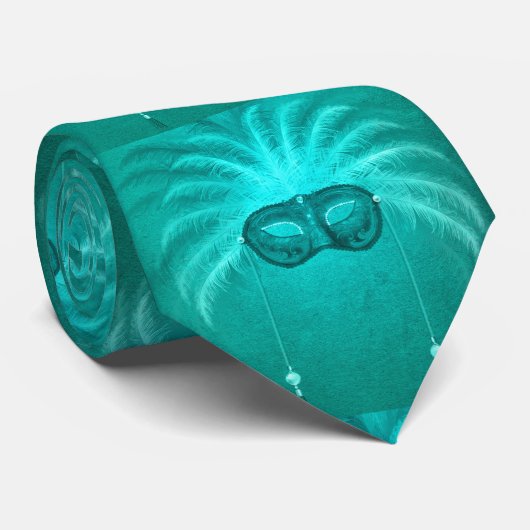 Turquoise Mardi Gras Feather Face Maske NeckTie Krawatte (Gerollt)
