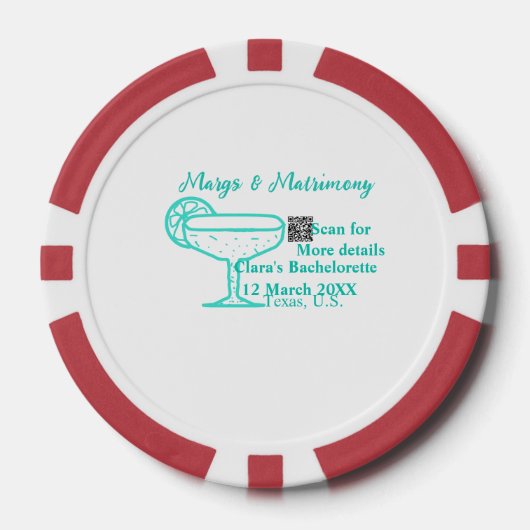 Turquoise Margs & Matrimone Junggeselinnen-Abschie Pokerchips (Vorderseite)