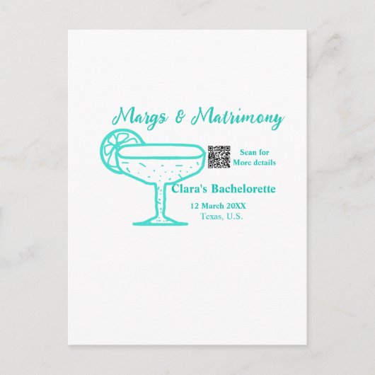 Turquoise Margs & Matrimone Junggeselinnen-Abschie Postkarte (Vorderseite)