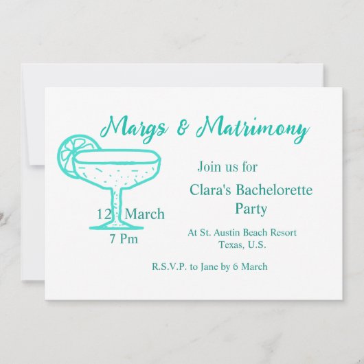 Turquoise Margs & Matrimone Tequila Einladung (Vorderseite)