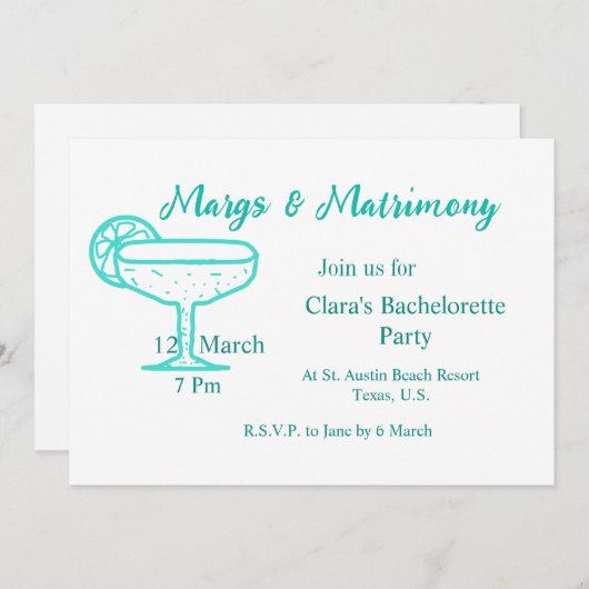 Turquoise Margs & Matrimone Tequila Einladung (Vorne/Hinten)