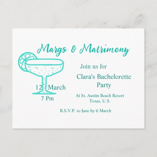 Turquoise Margs & Matrimone Tequila Postkarte (Vorderseite)
