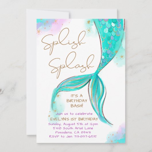 Turquoise Mermaid Splish Splash Girl Birthday Einladung (Vorderseite)
