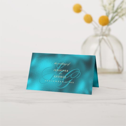Turquoise metallic monogram initials wedding platzkarte (Rückseite)
