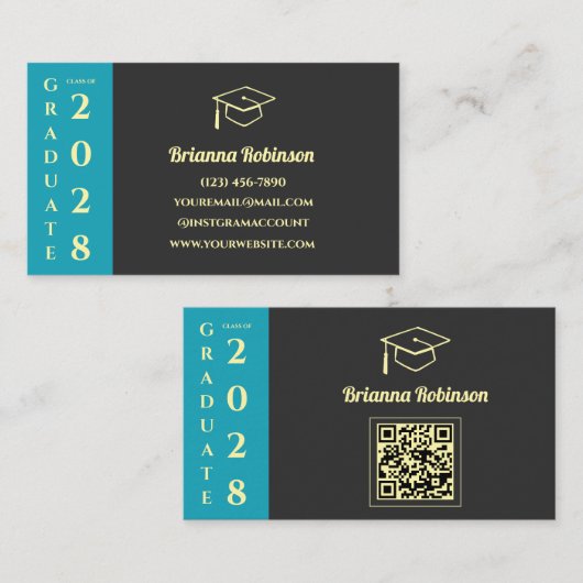 Turquoise Modern Graduation QR Code Name Card Telefonnummerkarte (Vorne/Hinten)