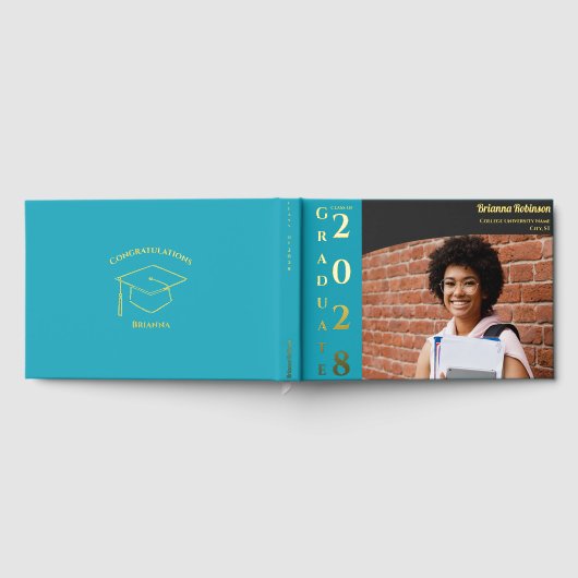 Turquoise Modern Photo Graduation Party Gold Gästebuch (Voll)