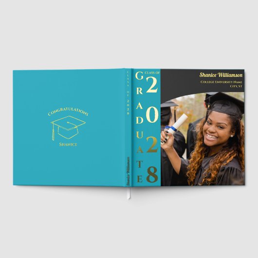 Turquoise Modern Photo Graduation Party Gold Gästebuch (Voll)
