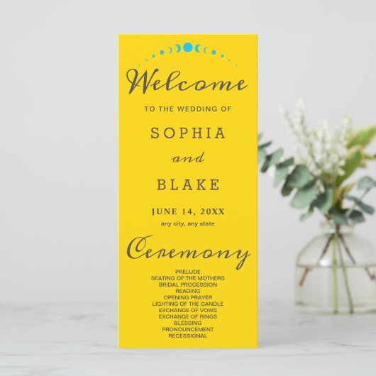 Turquoise Moon Phases Gold Wedding Program (Stehend Vorderseite)