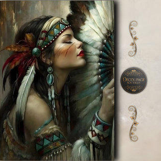 Turquoise Native Woman Fan Decoupage Seidenpapier