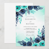 Turquoise Navy Watercolor Winter Wedding Einladung (Vorne/Hinten)