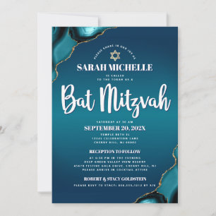 Turquoise Ombre Bat Mitzvah Agate Script 2 Ort Einladung
