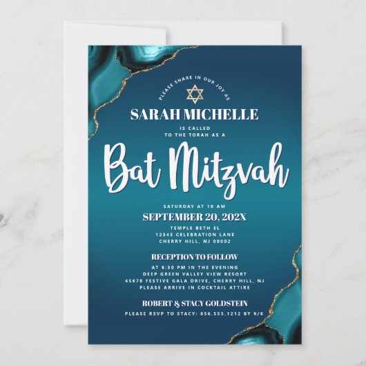 Turquoise Ombre Bat Mitzvah Agate Script 2 Ort Einladung (Vorderseite)