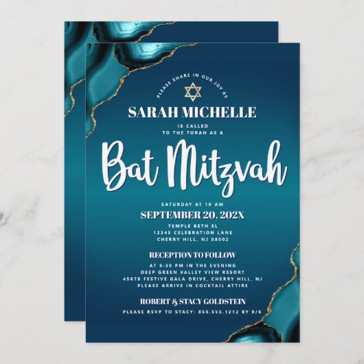 Turquoise Ombre Bat Mitzvah Agate Script 2 Ort Einladung (Vorne/Hinten)
