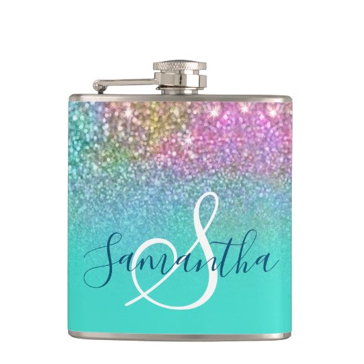 Turquoise Ombre Mermaid Bokeh Glitzer Flachmann (Vorderseite)