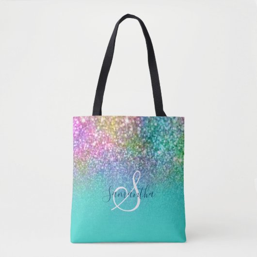 Turquoise Ombre Mermaid Bokeh Glitzer Tasche (Vorderseite)