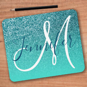 Turquoise Ombre Teal Faux Glitter Monogram Mousepad