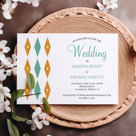 Turquoise Orange Diamond Star Mid Century Wedding Einladung