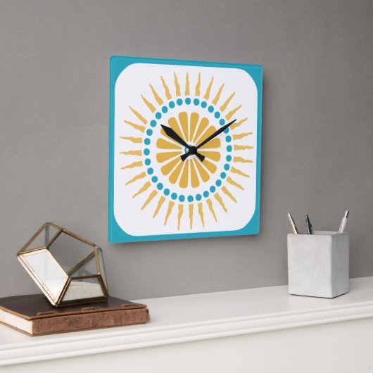 Turquoise Orange Sunburst Wall Clock Quadratische Wanduhr (Büro)